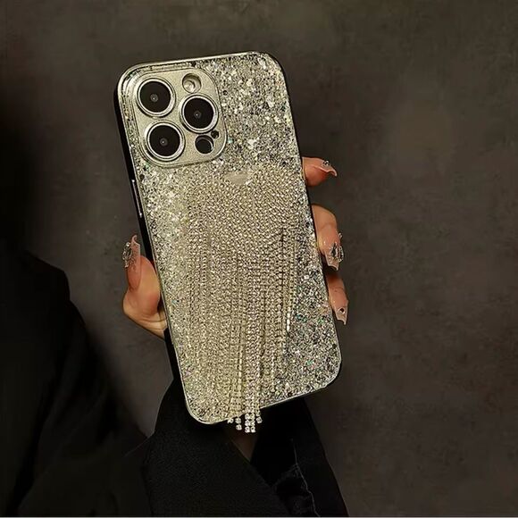 Sparkling iPhone 16 Case with Heart and Tassel Design - Picture 1 of 7